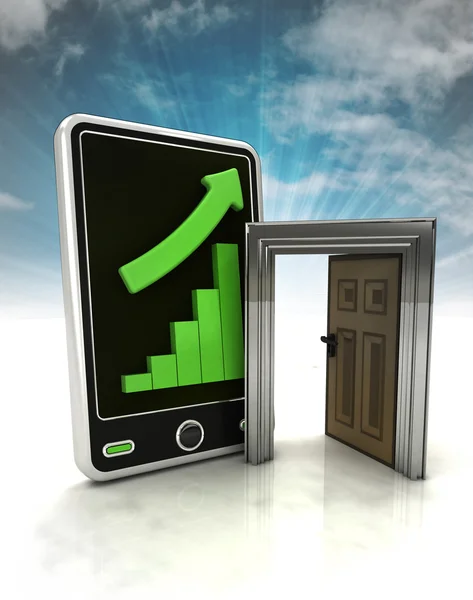 Increasing graph stats with open door to success on phone display with sky — Stock Photo, Image