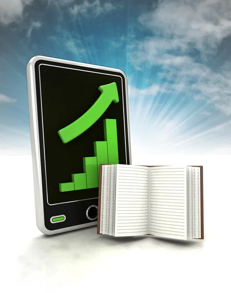 Increasing graph stats of human knowledge on phone display with sky — Stock Photo, Image