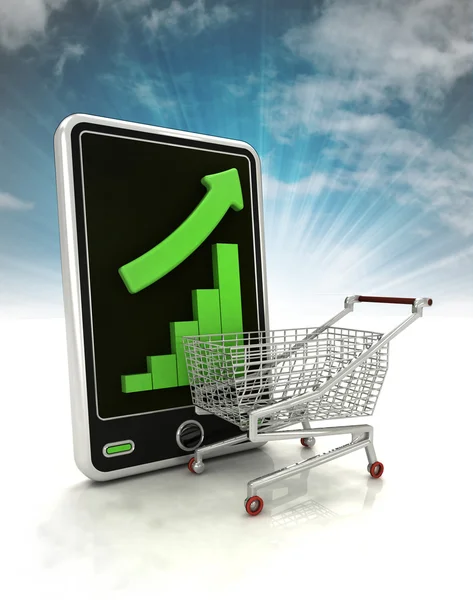 Increasing graph stats with trade cart on phone display with sky — Stock Photo, Image