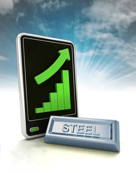 Increasing graph stats of steel trade business on phone display with sky — Stock Photo, Image