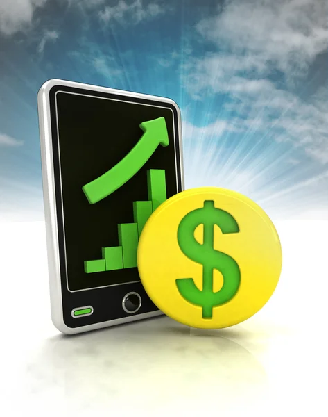 Increasing graph stats of dollar currency business on phone display with sky — Stock Photo, Image