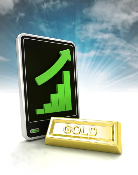 Increasing graph stats of gold trade business on phone display with sky — Stock Photo, Image