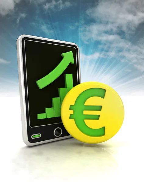 El aumento de las estadísticas del gráfico de negocio de la moneda del euro en la pantalla del teléfono con cielo —  Fotos de Stock