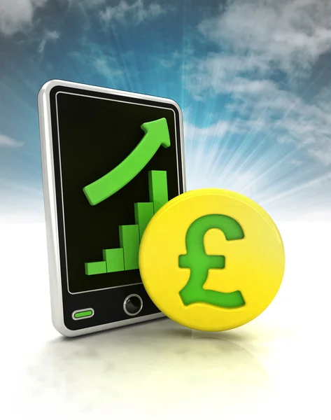 Increasing graph stats of pound currency business on phone display with sky — Stock Photo, Image