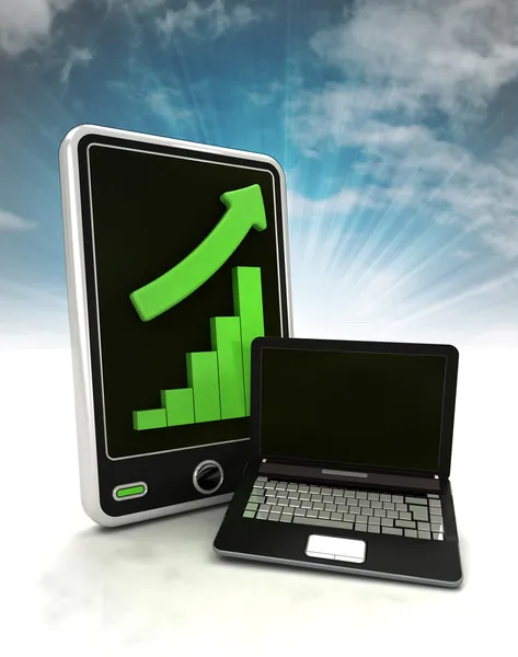 Increasing graph stats of laptop production on phone display with sky — Stock Photo, Image