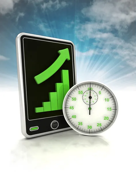 Increasing graph stats of in time production on phone display with sky — Stock Photo, Image