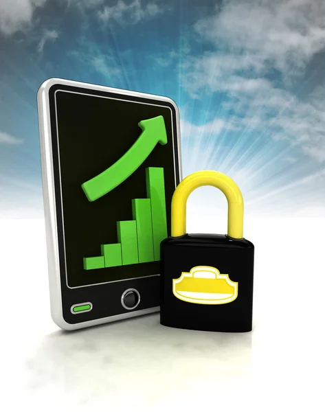 Increasing graph stats of security on phone display with sky — Stock Photo, Image