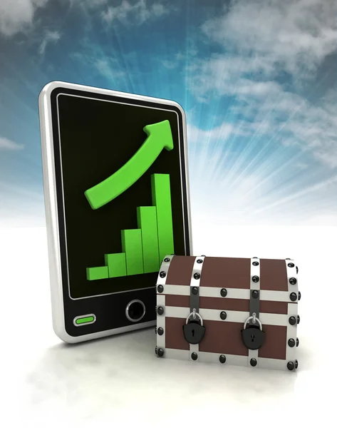 Increasing graph stats of container trade on phone display with sky — Stock Photo, Image