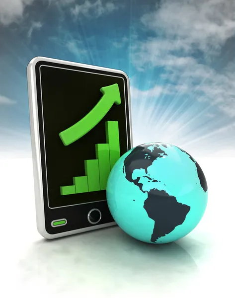 Increasing graph stats of American countries on phone display with sky — Stock Photo, Image