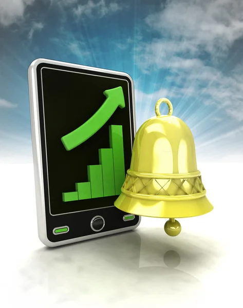 Increasing graph of production with bell on phone display with sky — Stock Photo, Image