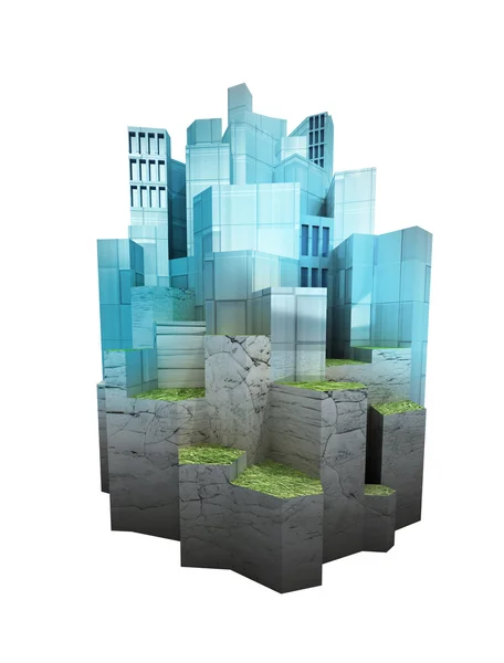 Isolated modern city island settled on hill levels render — Stock Photo, Image