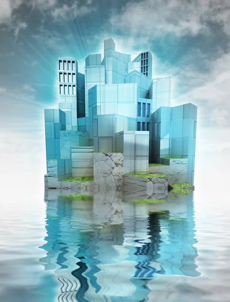 Modern city island with ocean reflections and sky render — Stock Photo, Image