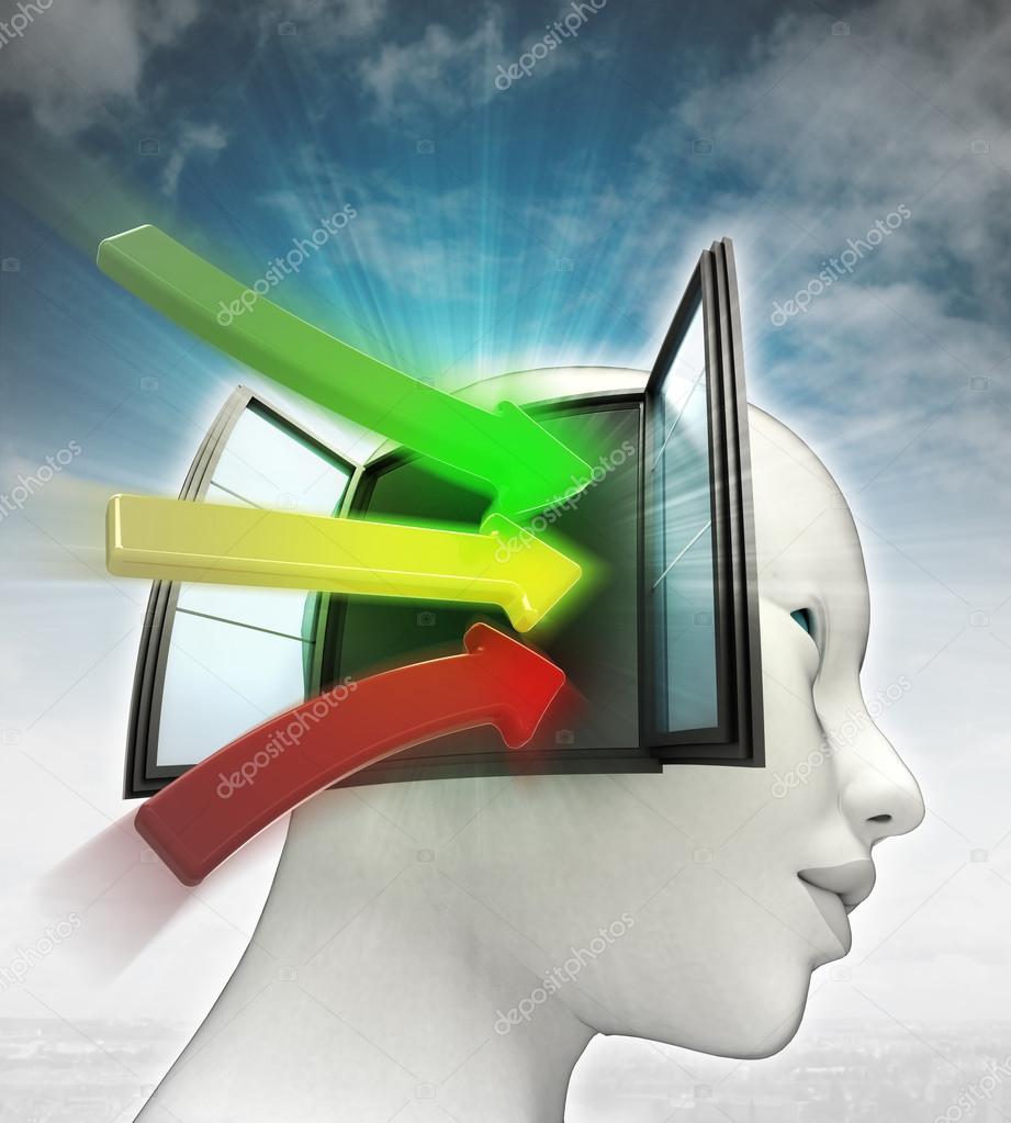 three colored way arrows coming in human head with sky background