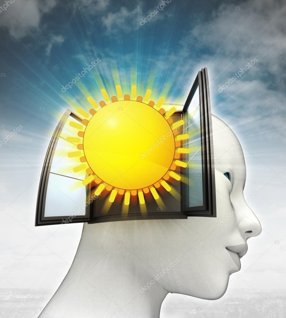 shiny summer sun coming out or in human head with sky background