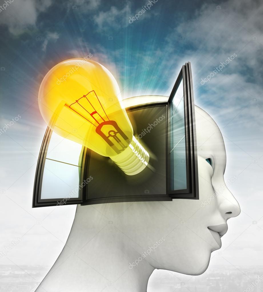 yellow shining bulb invention coming out or in human head with sky background