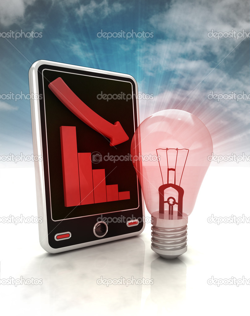 descending graph with red bulb on phone display with sky