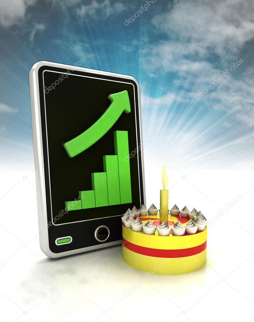 increasing graph stats with cake celebration on phone display with sky