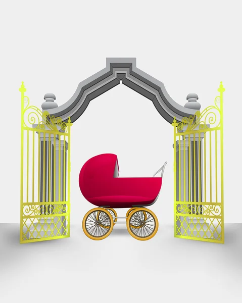 Entrée porte dorée avec vecteur bébé chariot — Image vectorielle