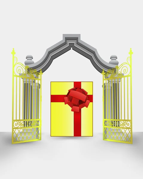 Χρυσή πύλη εισόδου με δώρο κουτί διάνυσμα — Διανυσματικό Αρχείο
