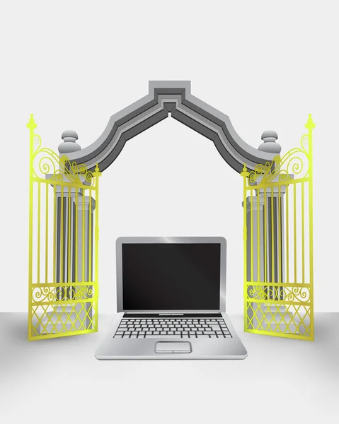 Golden gate entrance with opened laptop vector — Stock Vector