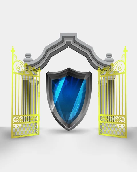 Entrada puerta dorada con nuevo vector escudo de seguridad — Archivo Imágenes Vectoriales