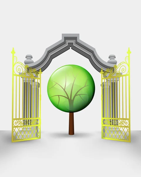 Puerta de entrada dorada con vector de árbol frondoso — Archivo Imágenes Vectoriales