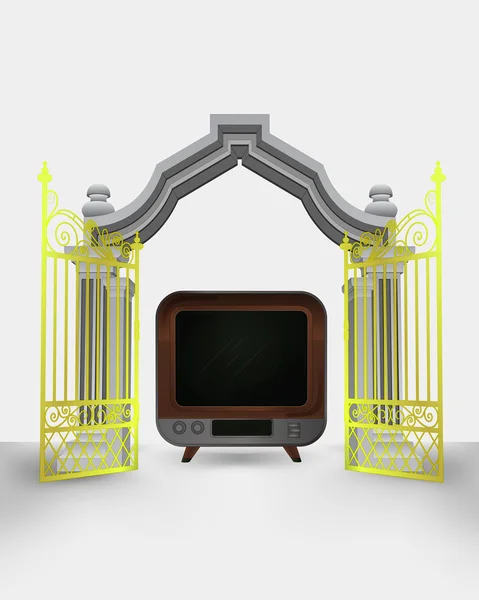 Puerta de entrada dorada con vector de televisión retro — Vector de stock