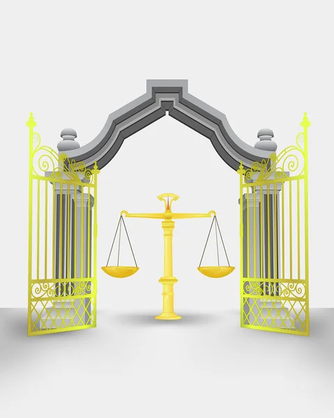 Entrée porte dorée avec vecteur poids de justice — Image vectorielle