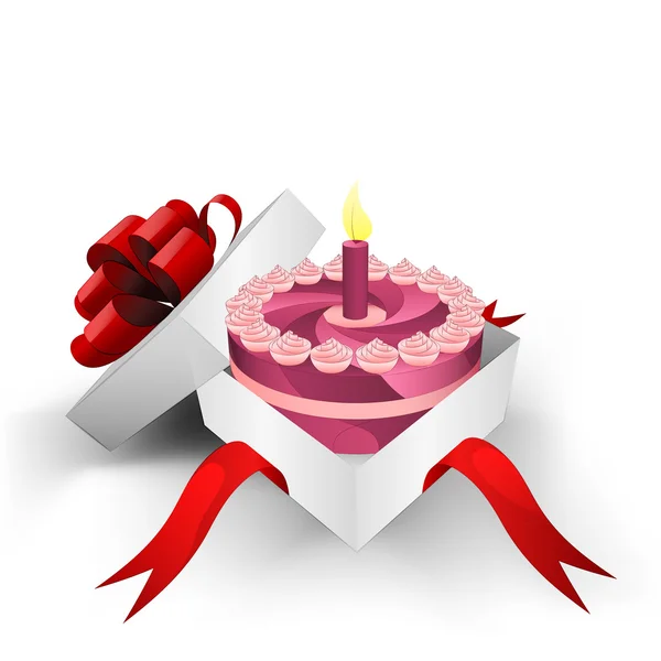 Red ribbon wrapped box with celebration cake inside vector — Stock Vector