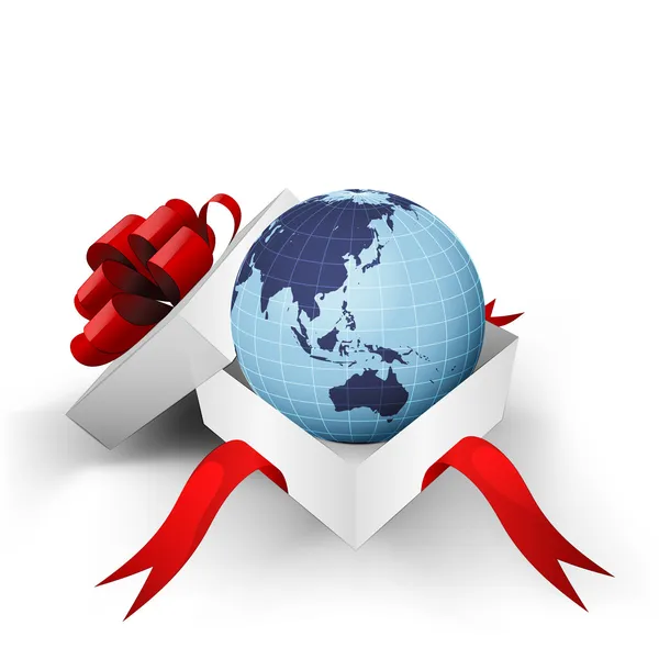 Boîte enveloppée de ruban rouge avec le monde asiatique globe à l'intérieur vecteur — Image vectorielle