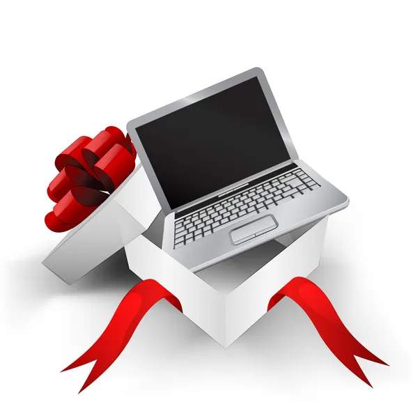 Červená stužka zabalené krabice s otevřený laptop uvnitř vektoru — Stockový vektor