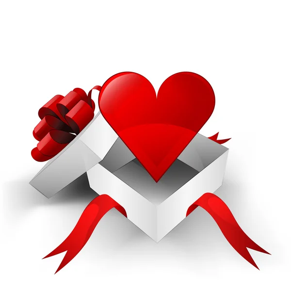 Rött band insvept låda med rött hjärta inuti vektorn — Stock vektor