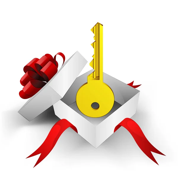 Boîte enveloppée de ruban rouge avec clé dorée à l'intérieur du vecteur — Image vectorielle
