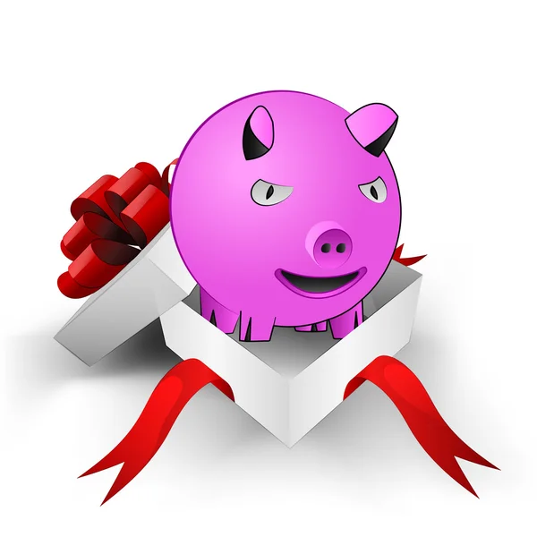 Boîte enveloppée de ruban rouge avec cochon heureux à l'intérieur du vecteur — Image vectorielle