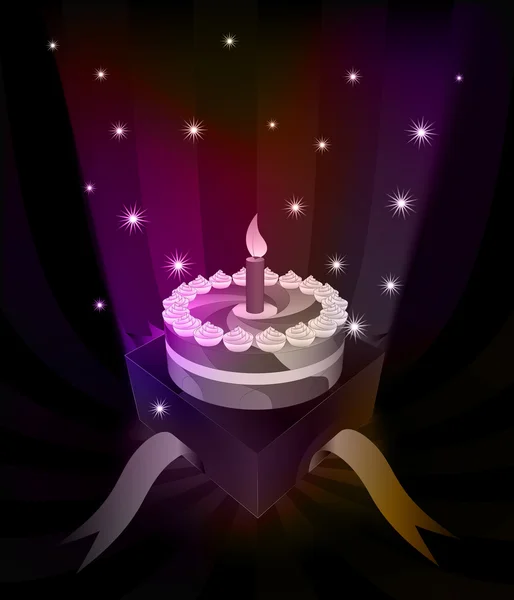 Gift revelation with celelbration cake at glittering stars vector — Stock Vector