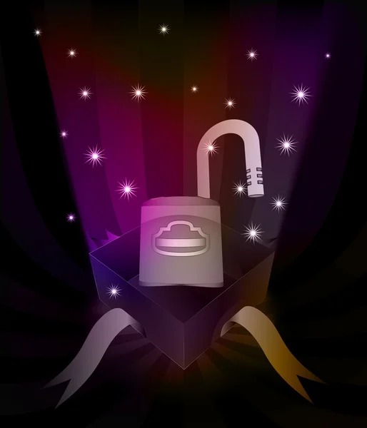 Gift revelation with opened padlock at glittering stars vector — Stock Vector