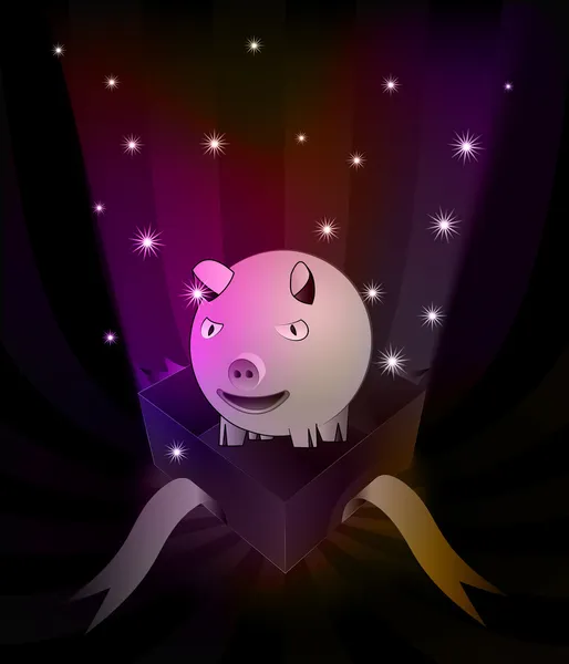 Gåva uppenbarelse med glad gris på glittrande stjärnor i vector — Stock vektor