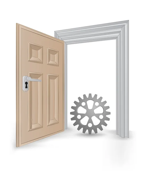 Open isolated doorway frame with cogwheel part vector — Stock Vector