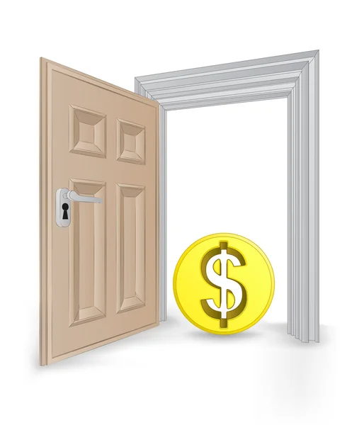 Open isolated doorway frame with Dollar coin vector — Stock Vector