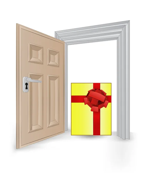 Open geïsoleerde deuropening frame met cadeau vak vector — Stockvector