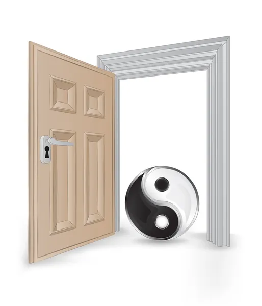 Porta aperta isolata telaio con yin yang vettore armonia — Vettoriale Stock