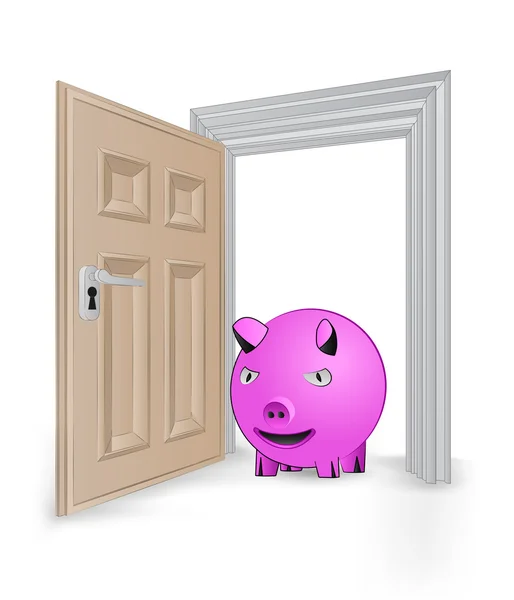 Cadre de porte isolé ouvert avec vecteur cochon heureux — Image vectorielle