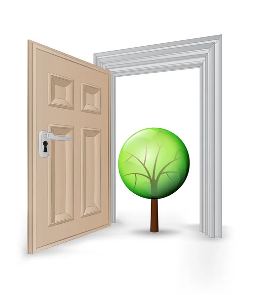 Otwarte drzwi na białym tle rama z drzewo liściaste — Wektor stockowy