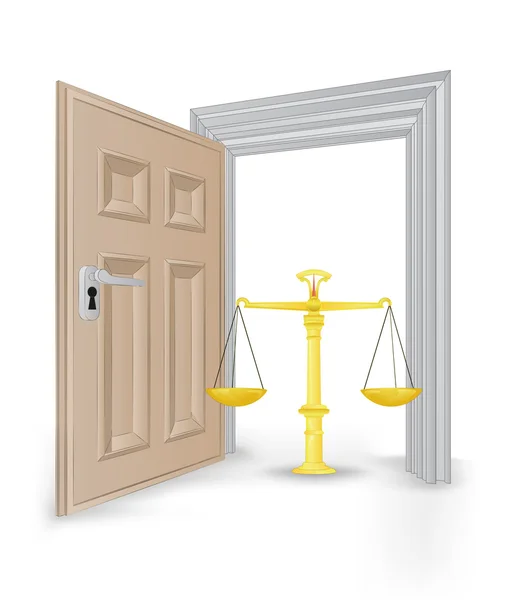 Open isolated doorway frame with weight of justice vector — Stock Vector