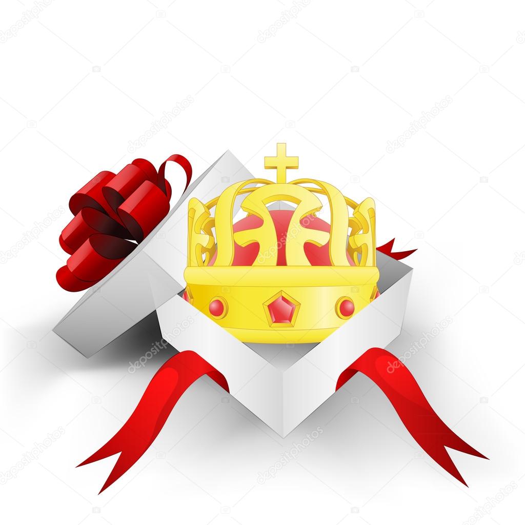 red ribbon wrapped box with kings crown inside vector
