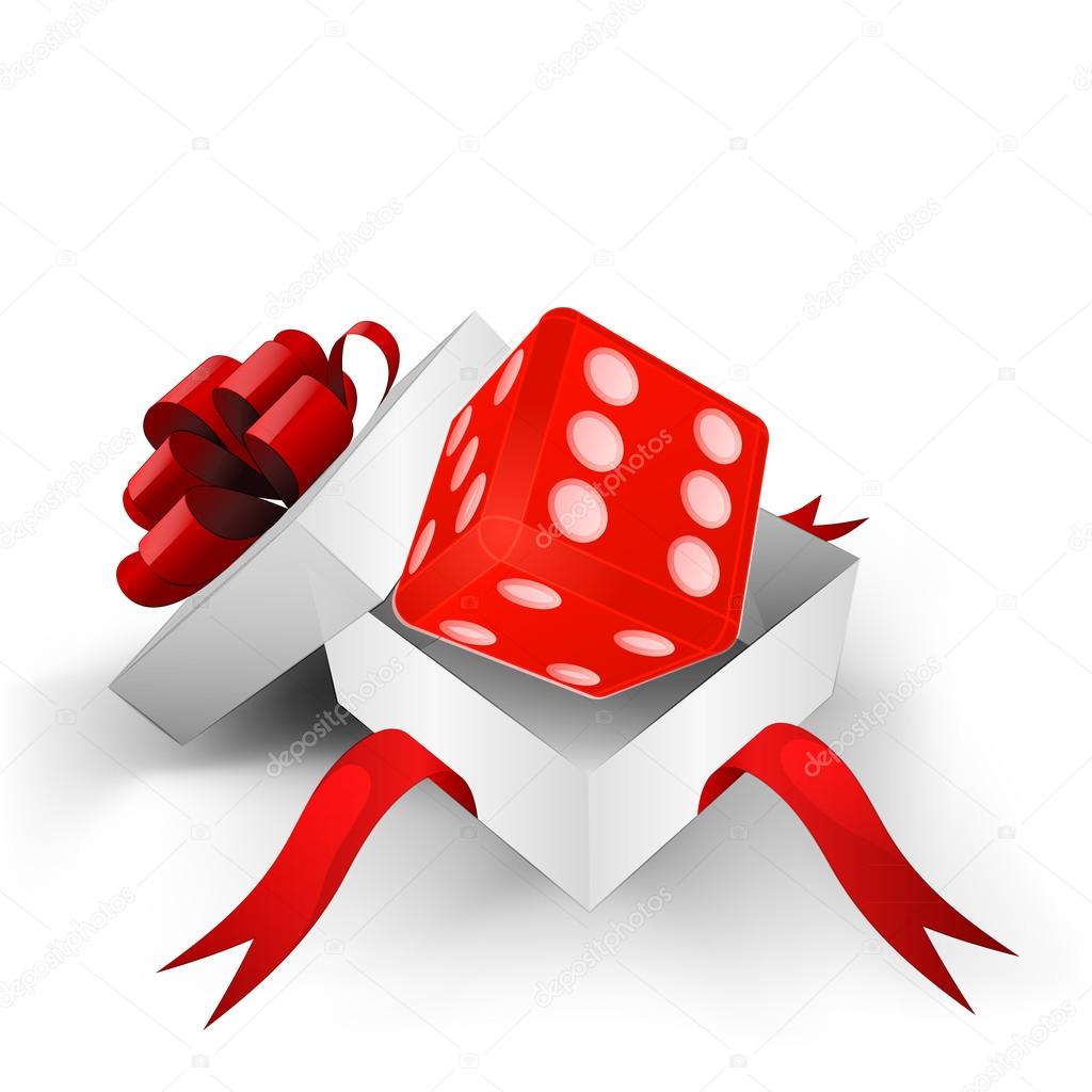 red ribbon wrapped box with lucky red dice inside vector