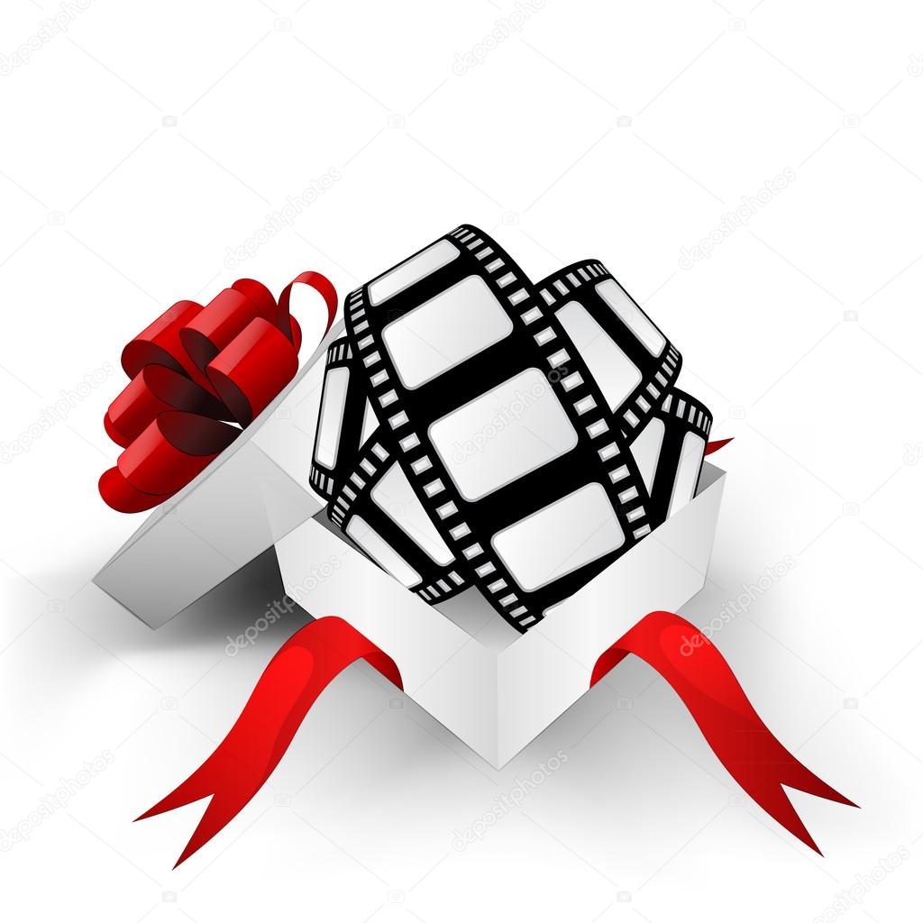 red ribbon wrapped box with movie tape inside vector