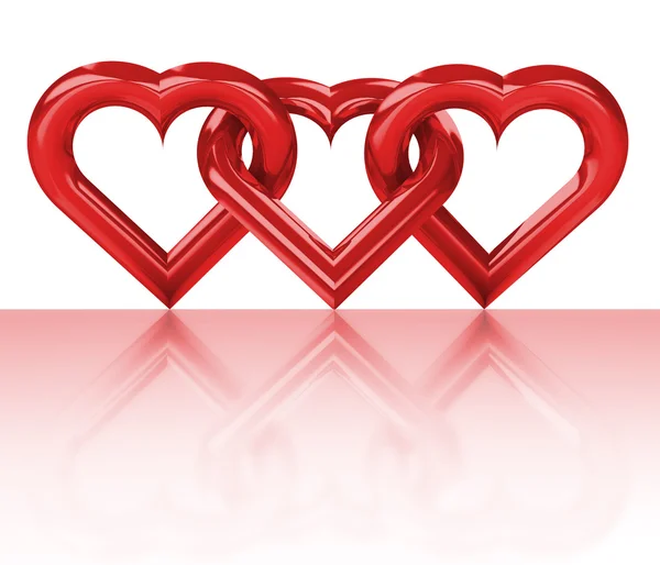 Tre ansluten röda hjärtan form i himlen flare framifrån — Stockfoto