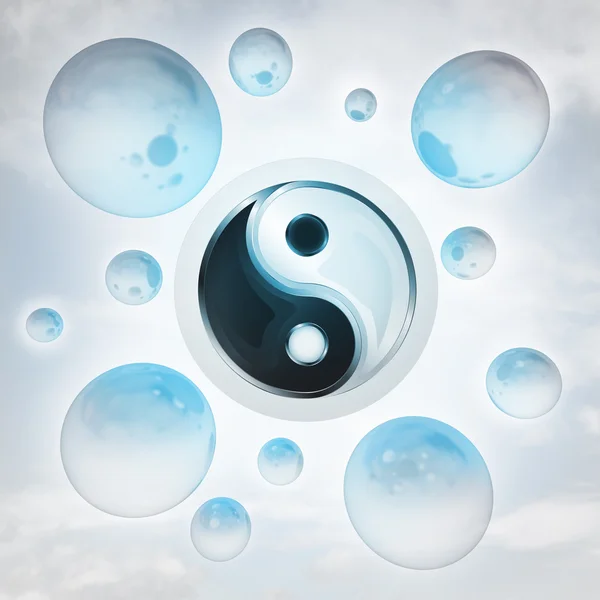 Yin yang harmony with glossy bubbles in the air with flare — Stock Photo, Image