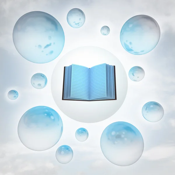 Open book with glossy bubbles in the air with flare — Stock Photo, Image